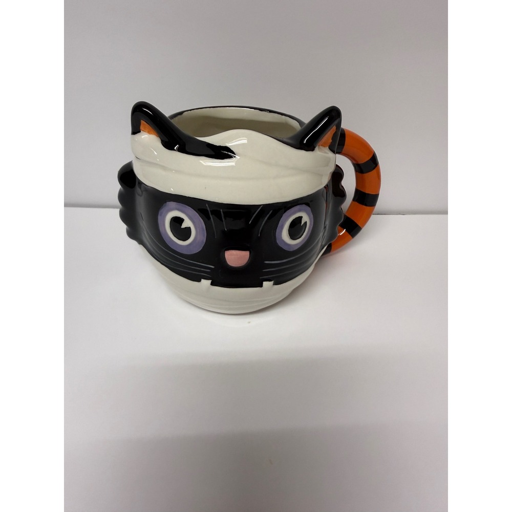 Global Design Connections Halloween Mummy Black Cat Ceramic Mug Orange Tail 3D